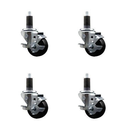 Service Caster 3'' SS Hard Rubber Swivel 1-1/4'' Expanding Stem Caster Set with Brake, 4PK SCC-SSEX20S314-HRS-TLB-114-4
